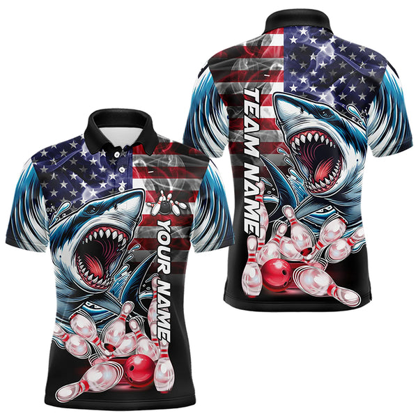 Smoke American Flag Shark Bowling Polo, 1/4 Zip Shirts for Men Custom patriotic Team Bowling jerseys NQS9671
