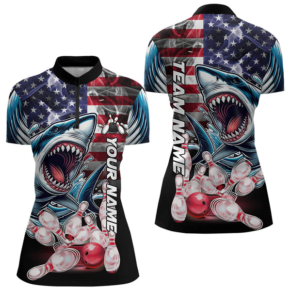 Smoke American Flag Shark Bowling Polo, 1/4 Zip Shirts for Women Custom patriotic Team Bowling jerseys NQS9671