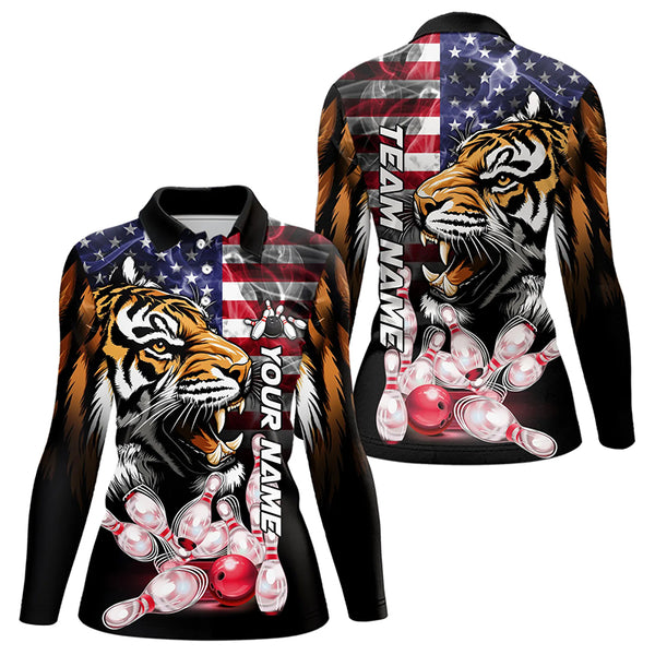 Smoke American Flag Tiger Bowling Polo, 1/4 Zip Shirts for Women Custom patriotic Team Bowling jerseys NQS9672