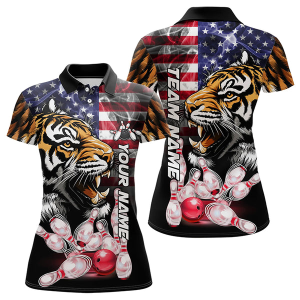 Smoke American Flag Tiger Bowling Polo, 1/4 Zip Shirts for Women Custom patriotic Team Bowling jerseys NQS9672