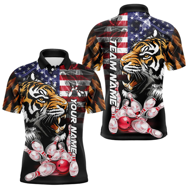 Smoke American Flag Tiger Bowling Polo, 1/4 Zip Shirts for Men Custom patriotic Team Bowling jerseys NQS9672