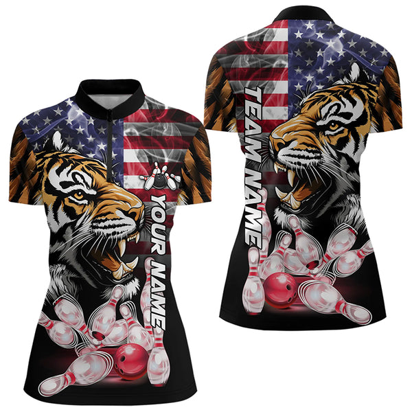 Smoke American Flag Tiger Bowling Polo, 1/4 Zip Shirts for Women Custom patriotic Team Bowling jerseys NQS9672