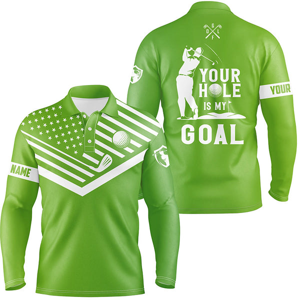 Mens golf polo shirt white American flag custom your hole is my goal funny golf team shirt | Green NQS7607