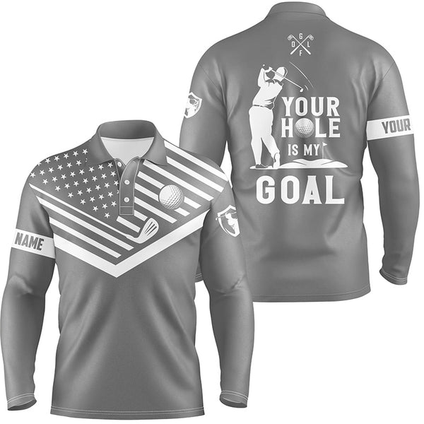 Mens golf polo shirt white American flag custom your hole is my goal funny golf team shirt | Gray NQS7608