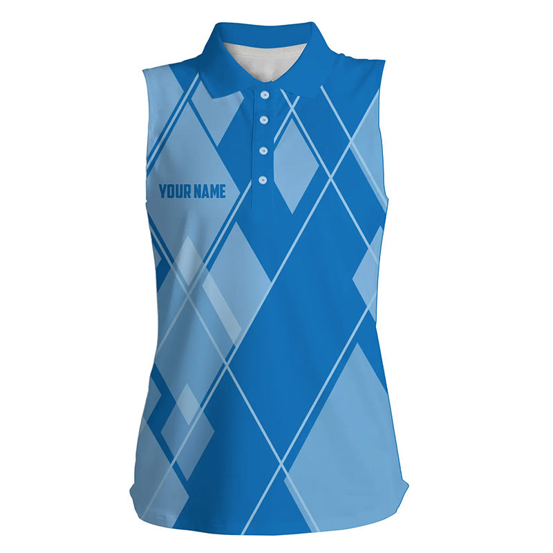 Blue argyle pattern custom Womens sleeveless golf polo shirts, ladies golf tops golfing gifts NQS7609
