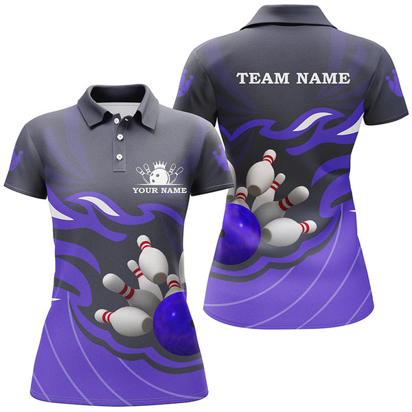 Women polo, quarter zip bowling shirts Custom bowling ball and pins team league jerseys | Purple NQS7808