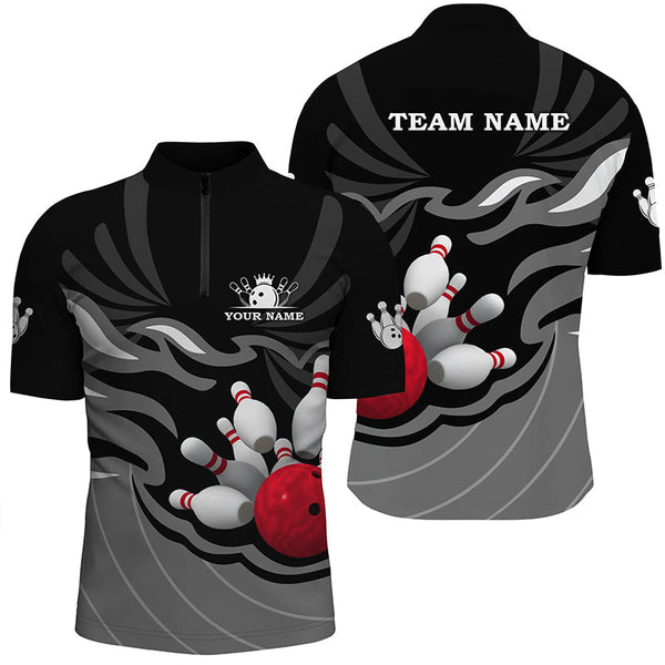 Mens polo, quarter zip bowling shirt Custom bowling ball pins team league jersey, bowling gift | Black NQS7809