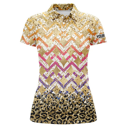 Yellow glitter leopard pattern Women golf polo shirts custom team ladies golf top NQS7814