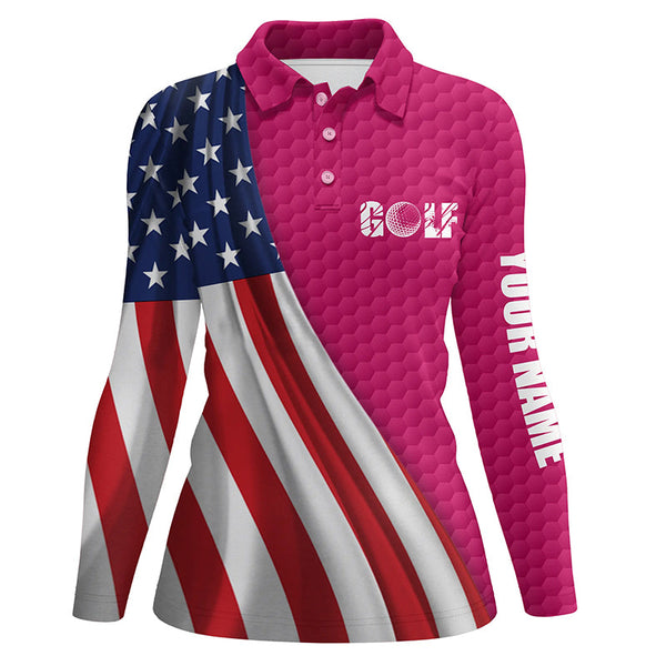 American flag pink golf ball skin Womens golf polo shirts custom name patriotic golf tops for women NQS6123