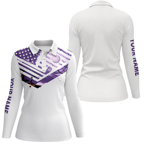 Womens golf polo shirt purple American flag custom Halloween white golf shirt NQS6364