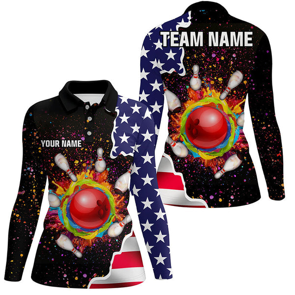 American flag colorful painted Bowling ball pins Custom Team League Bowling Polo Shirts For Ladies NQS6580