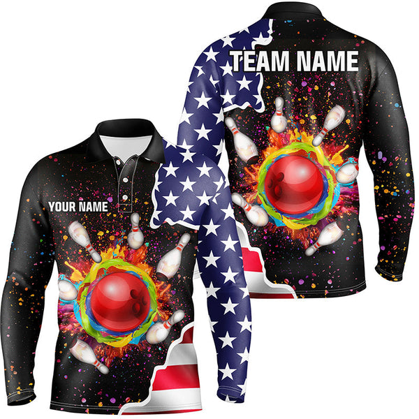 American flag colorful painted Bowling ball pins Custom Team League jersey Bowling Polo Shirts For Men NQS6580