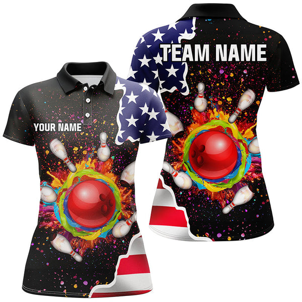 American flag colorful painted Bowling ball pins Custom Team League Bowling Polo Shirts For Ladies NQS6580
