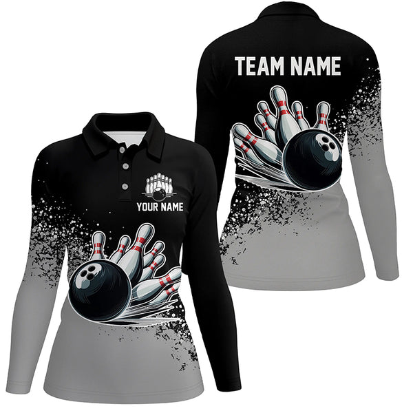 Black and Gray Grunge Custom Bowling Polo, 1/4 Zip Shirts For Women Personalized Team Bowling Jerseys NQS8916