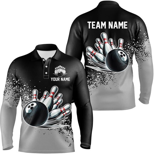 Black and Gray Grunge Custom Bowling Polo, 1/4 Zip Shirts For Men Personalized Team Bowling Jerseys NQS8916