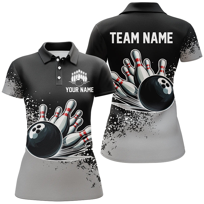 Black and Gray Grunge Custom Bowling Polo, 1/4 Zip Shirts For Women Personalized Team Bowling Jerseys NQS8916