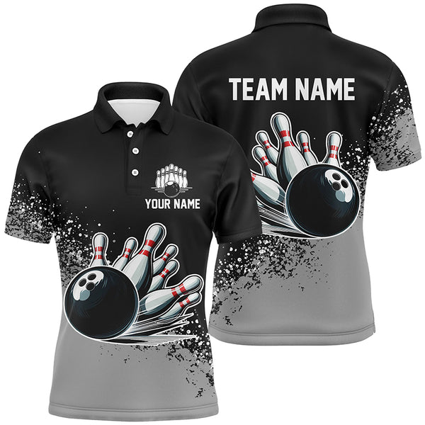 Black and Gray Grunge Custom Bowling Polo, 1/4 Zip Shirts For Men Personalized Team Bowling Jerseys NQS8916