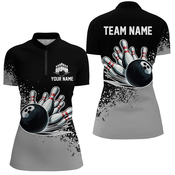 Black and Gray Grunge Custom Bowling Polo, 1/4 Zip Shirts For Women Personalized Team Bowling Jerseys NQS8916