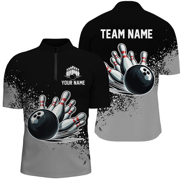 Black and Gray Grunge Custom Bowling Polo, 1/4 Zip Shirts For Men Personalized Team Bowling Jerseys NQS8916