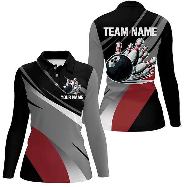 Personalized Black, Gray and Red Bowling Shirts For Women, Bowling Balls And Pins Bowling Team Shirts NQS8918