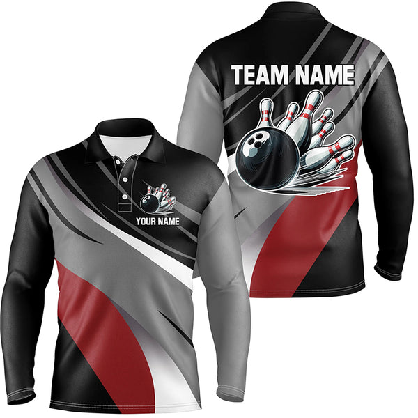 Personalized Black, Gray and Red Bowling Shirts For Men, Bowling Balls And Pins Bowling Team Shirts NQS8918