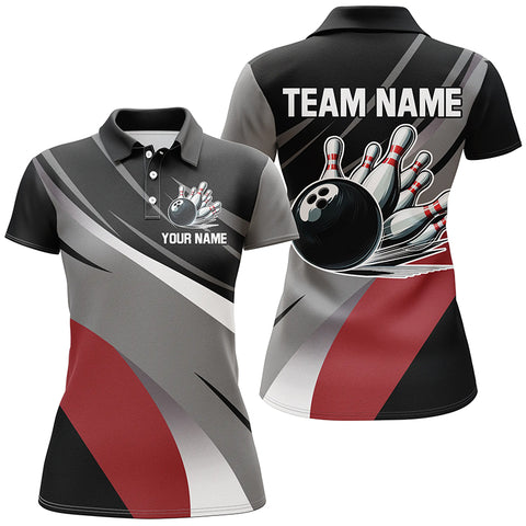 Personalized Black, Gray and Red Bowling Shirts For Women, Bowling Balls And Pins Bowling Team Shirts NQS8918