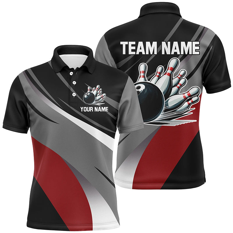 Personalized Black, Gray and Red Bowling Shirts For Men, Bowling Balls And Pins Bowling Team Shirts NQS8918