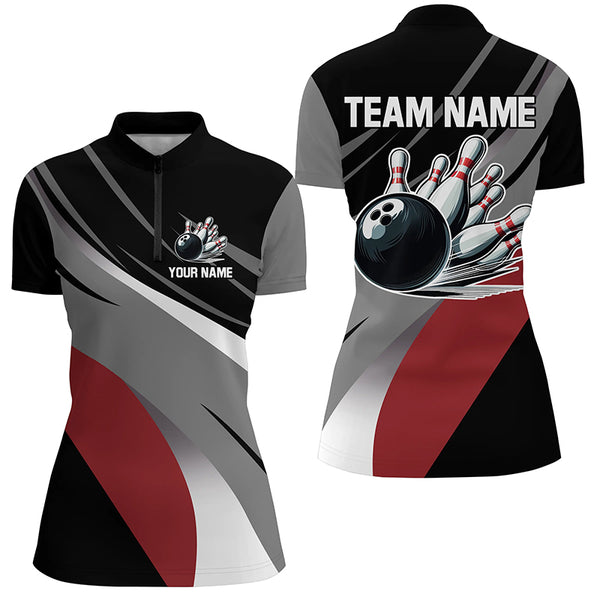 Personalized Black, Gray and Red Bowling Shirts For Women, Bowling Balls And Pins Bowling Team Shirts NQS8918