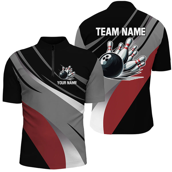 Personalized Black, Gray and Red Bowling Shirts For Men, Bowling Balls And Pins Bowling Team Shirts NQS8918