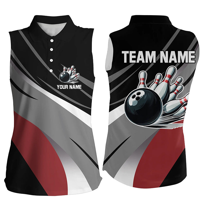 Personalized Black, Gray and Red Women Sleeveless Polo Shirt Bowling Balls And Pins Bowling Team Shirt NQS8918