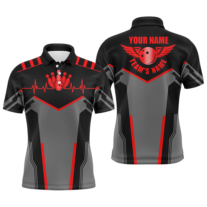 Bowling-Poloshirts für Männer mit individuellem Bowlingkugel- und Kegel, Team-Bowlingtrikots | Rot NQS4529