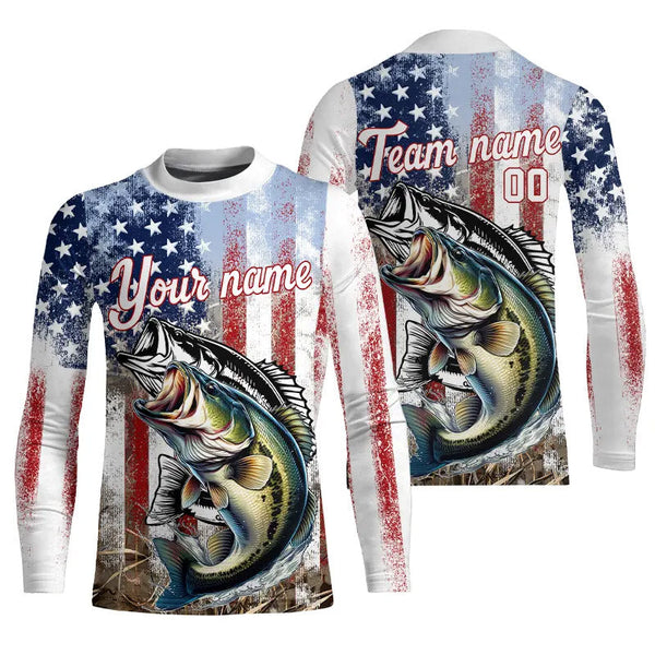 Largemouth Bass Fishing American Flag UV Protection Fishing Shirt Custom Patriotic Bass Fishing Jersey NQS9160