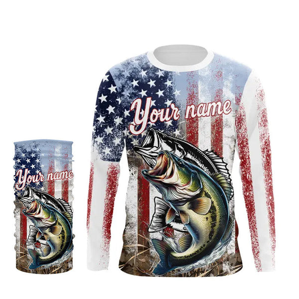 Largemouth Bass Fishing American Flag UV Protection Fishing Shirt Custom Patriotic Bass Fishing Jersey NQS9160