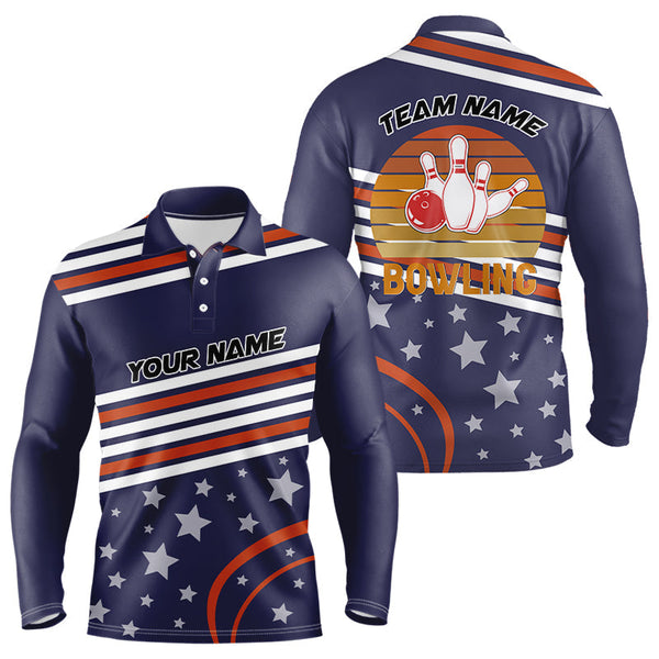 Red, White and Blue Stars Retro Bowling Polo, Quarter Zip Shirt for Men Custom Bowling Team Jersey NQS9163