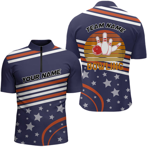 Red, White and Blue Stars Retro Bowling Polo, Quarter Zip Shirt for Men Custom Bowling Team Jersey NQS9163