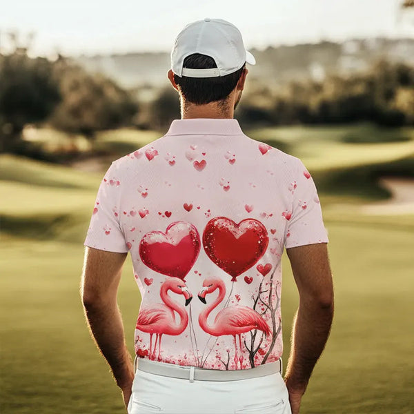 Pink Glitter Flamingo Heart Theme Mens golf polo shirts custom Valentines golf tops gifts for him NQS9367
