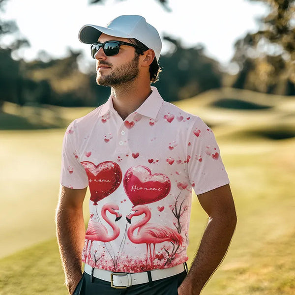 Pink Glitter Flamingo Heart Theme Mens golf polo shirts custom Valentines golf tops gifts for him NQS9367