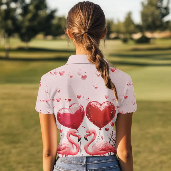 Pink Glitter Flamingo Heart Theme Women golf polo shirt custom Valentines golf tops gift for her NQS9367
