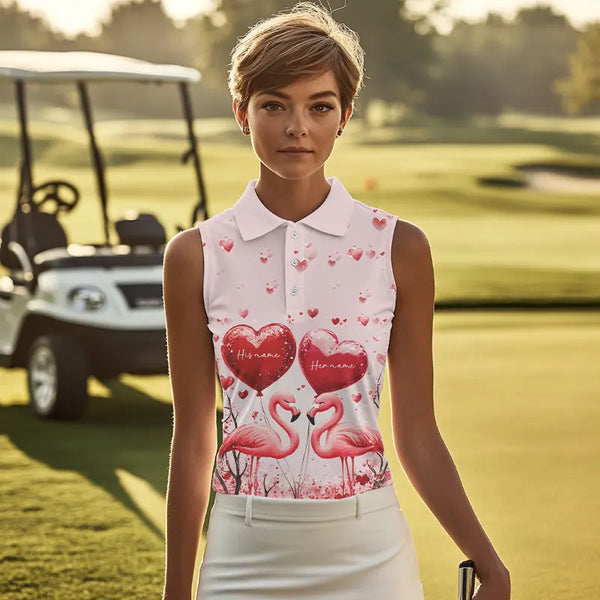 Pink Glitter Flamingo Heart Theme Women sleeveless polo shirt custom Valentines golf tops gift for her NQS9367