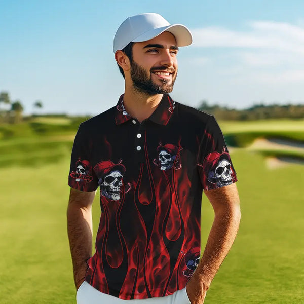 Red Flame Skull Mens golf polo shirts custom skull fire golf apparel for mens NQS9515
