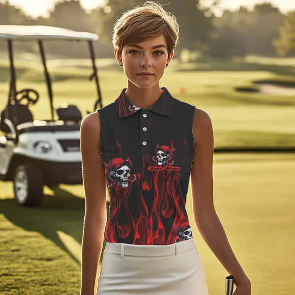 Red Flame Skull Women sleeveless polo shirt custom skull fire golf apparel for ladies NQS9515