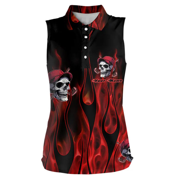 Red Flame Skull Women sleeveless polo shirt custom skull fire golf apparel for ladies NQS9515