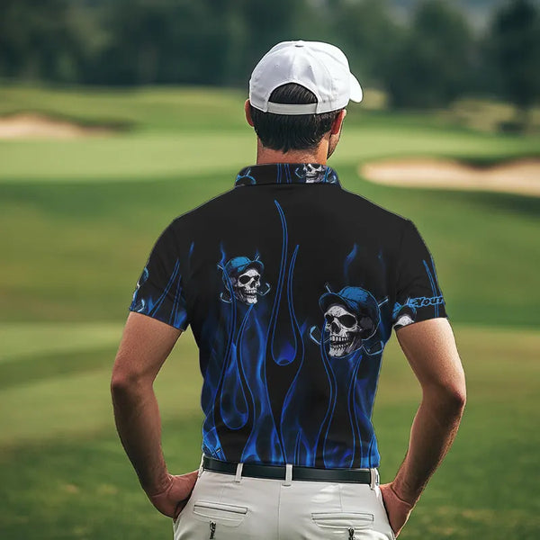 Blue Flame Skull Mens golf polo shirts custom skull fire golf apparel for mens NQS9516