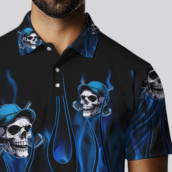 Blue Flame Skull Mens golf polo shirts custom skull fire golf apparel for mens NQS9516