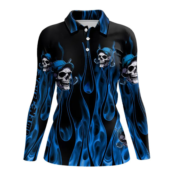 Blue Flame Skull Women golf polo shirts custom skull fire golf apparel for ladies NQS9516