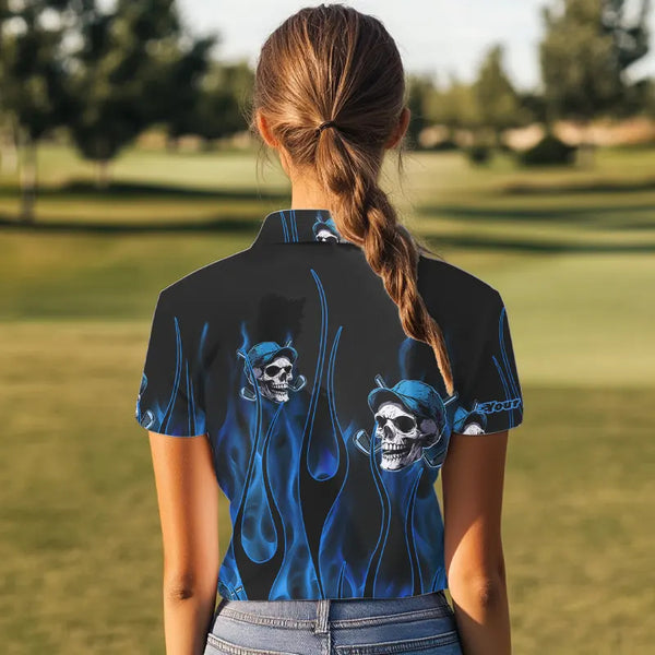Blue Flame Skull Women golf polo shirts custom skull fire golf apparel for ladies NQS9516