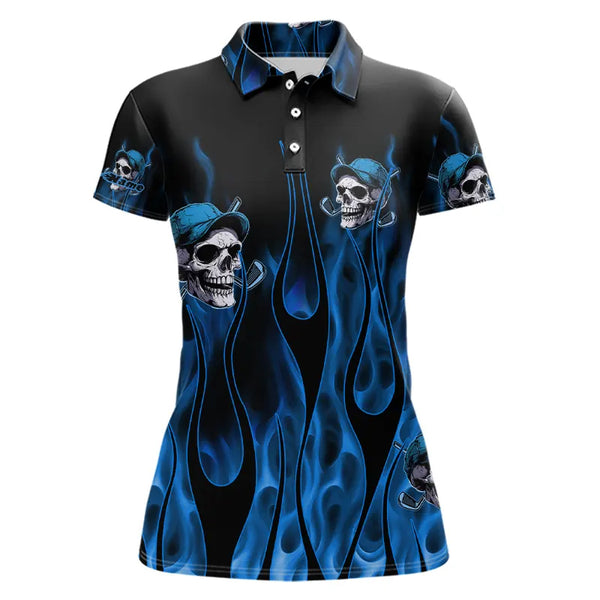 Blue Flame Skull Women golf polo shirts custom skull fire golf apparel for ladies NQS9516