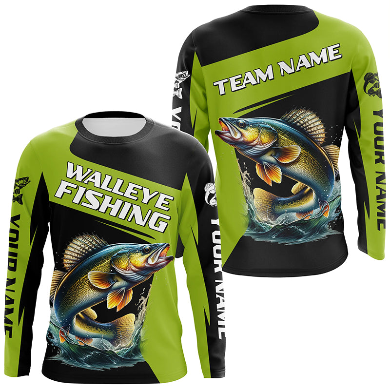 Black Green Walleye fishing Custom Long Sleeve Tournament Fishing Shirts, Performance Fishing Jerseys NQS7458