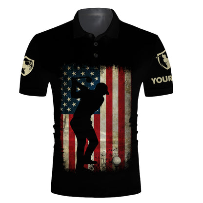 Vintage American flag patriotic US flag custom name black golf polo shirts - golf gift ideas for him NQS3594