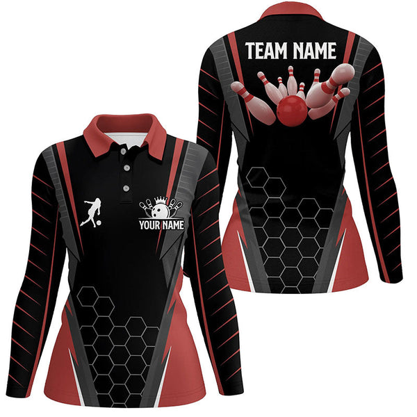 Black Women's Polo Bowling Shirt Custom Name Ladies Bowlers Jersey, team bowling outfits | Red NQS5936